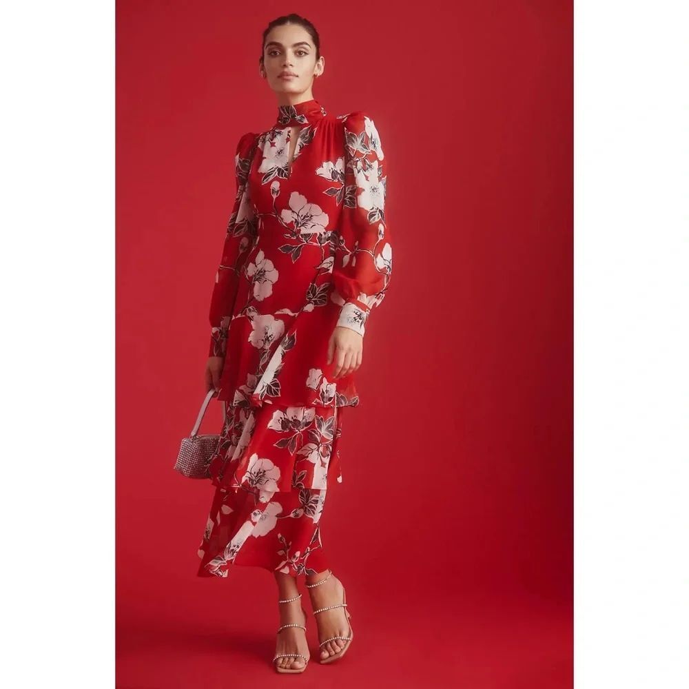 Anthropologie Exquise Tiered Mock-Neck Maxi Dress